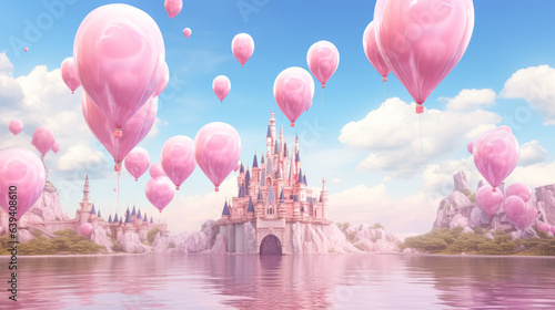 Surreal pink fantasy castle surrounded by pink balloons. 