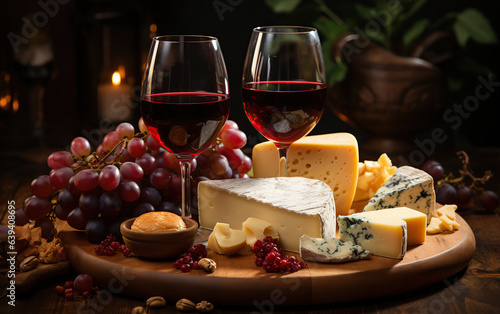 Wine, cheeses and grapes in a vintage setup. Created with Generative AI