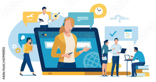 Online customer service, hotline operators with headsets. Online technical support 24 h, vector illustration. 