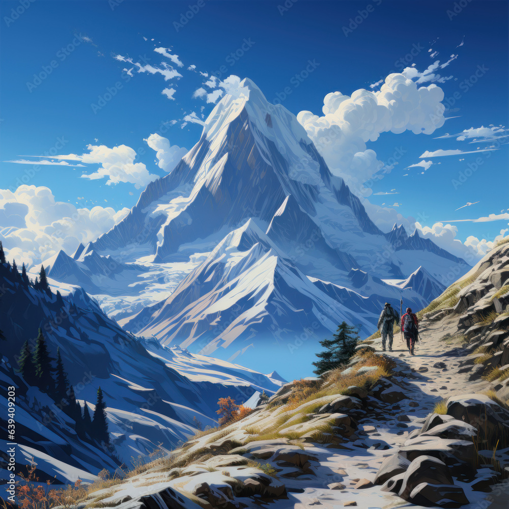  A snowy mountain on the landscape with a clear sky
