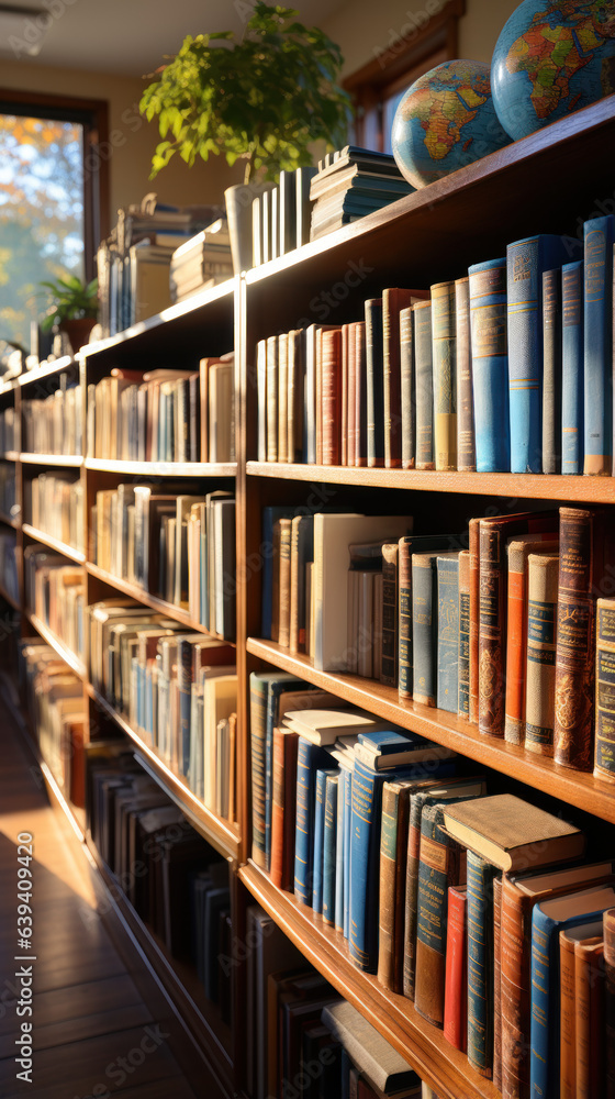 Books of library shelf at morning near school.
Books of library shelf at morning near school.