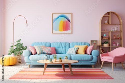 Modern interior. Vibrant pastel girly living room, cozy blue couch, pastel pillows and colorful painting at walls. Generative AI. photo