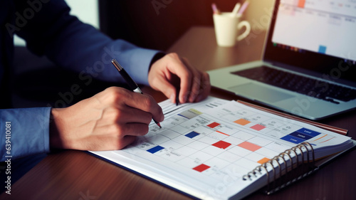 Arrangement of calendar activities using a scheduling tool. Setting a clock-based timetable to effectively manage and organize tasks. Strategic planning for business activities. Generative AI photo