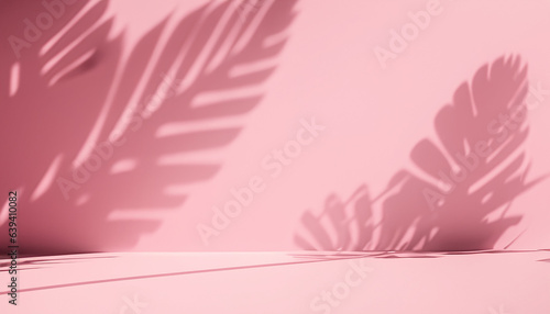 Abstract studio pink background for product presentation. Empty room with shadows of window and flowers and palm leaves . 3d room with copy space. Summer concert. backdrop. beauty product placement.