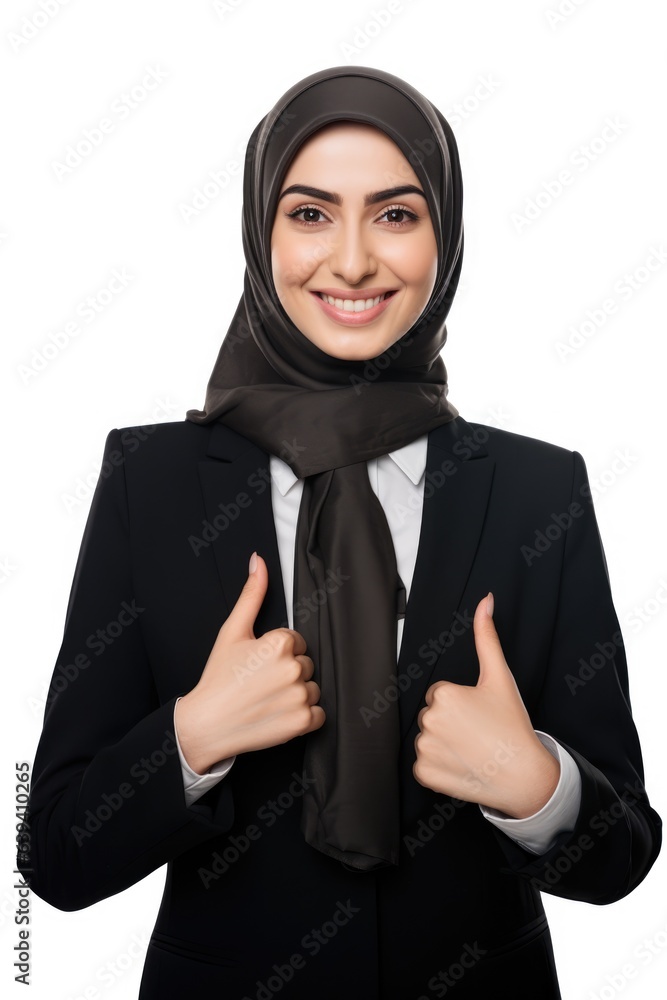Muslim Business woman stretching hand at camera in thumbs up greeting gesture, wearing hijab studio background Muslim Business woman stretching hand at camera in thumbs up greeting gesture, wearing hijab studio background
