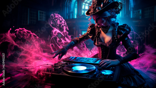 DJ spinning records on stage, ethereal dark cybergoth neon Victorian rococo futurism, Generative AI photo