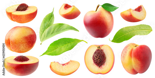 Collection of whole and cut nectarine peach fruits and leaves cutout