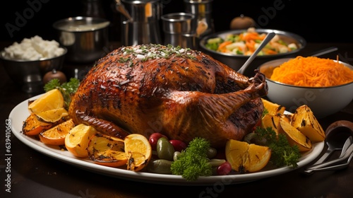 cooked pheasant with a golden fried crust. Baked turkey with lemon and vegetables, A traditional Thanksgiving dish in America. Protein high-calorie food. 