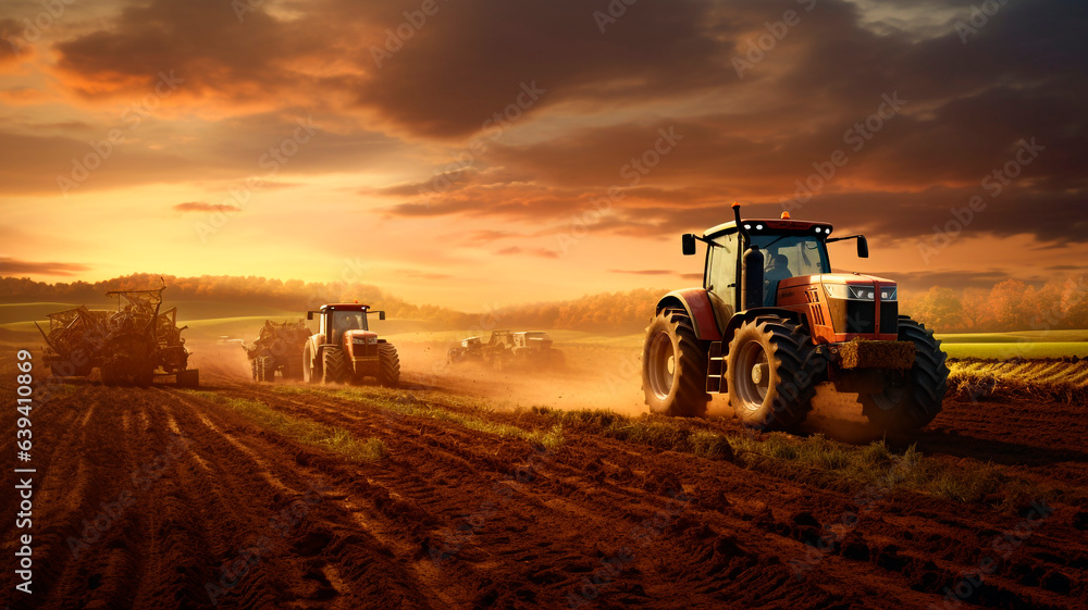 Fototapeta premium Tractor plowing a field at sunset. agricultural work, professional photo. Generative AI 
