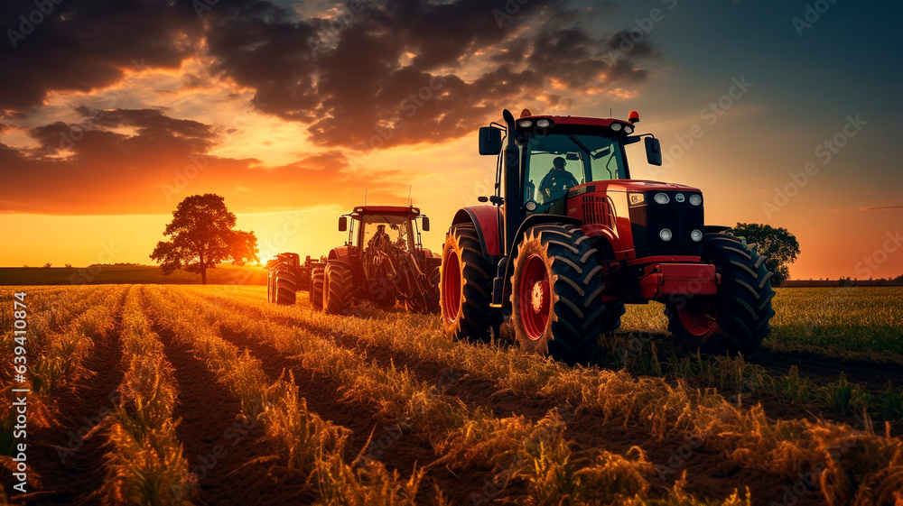 tractor working in the field, at sunset. agricultural activity, Generative AI tractor working in the field, at sunset. agricultural activity, Generative AI
