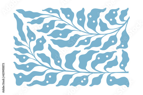 Matisse blue composition. Flower branches, elegant curvy, fluid wavy leaves. Trendy Art Deco and Art Nouveau style. Floral pattern, delicate nature stems, polka dot. Blue. Vector flat illustration
