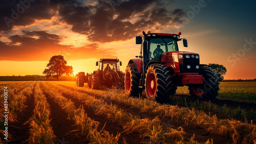 tractor working in the field, at sunset. agricultural activity, Generative AI