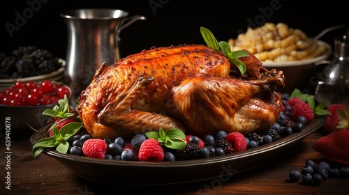 cooked pheasant with a golden fried crust. Baked turkey with lemon and vegetables, A traditional Thanksgiving dish in America. Protein high-calorie food. 