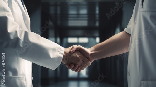 Handshake of two men in white coats, indoor in dark interior.Close up