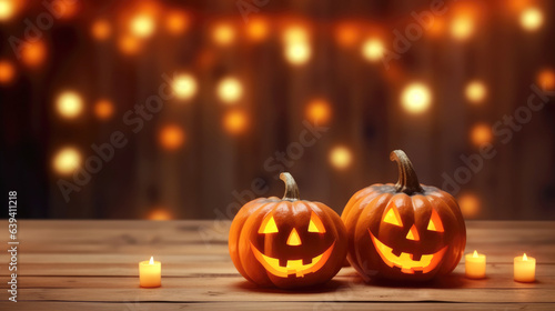 Halloween background. pumpkin, Jack O Lantern with copy space. Generative ai... © Achira22