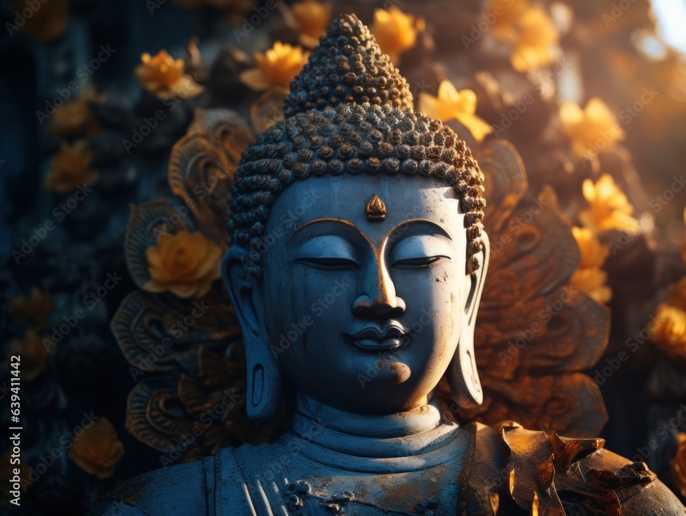 A buddha statue with its eyes close, at sunrise A buddha statue with its eyes close, at sunrise