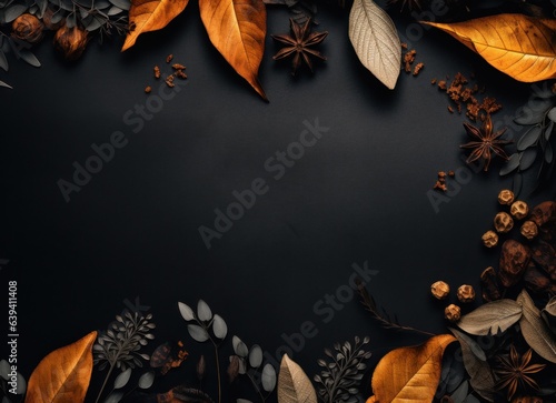 Fall leaves and spices on black background