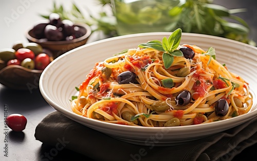 Spaghetti alla Puttanesca Elevated with Tomatoes, Olives, Capers, and Italian Flat-Leaf Parsley, Crafted to Culinary Perfection