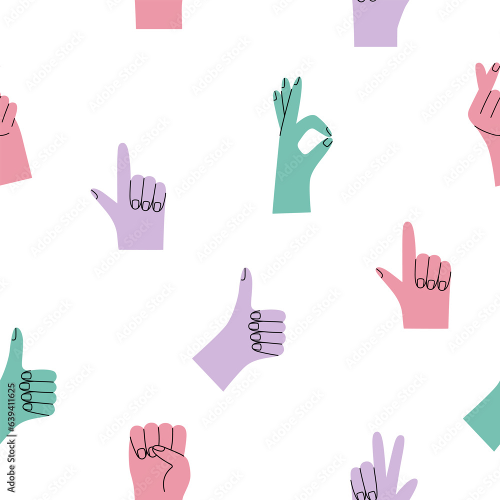 Fototapeta premium Seamless pattern with bright hand gestures. Positive vector wallpaper. Stationary decorating, wrapping paper, clothes design