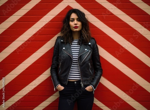 A young woman in a black leather jacket, t shirt and black sunglasses posing against a red wall