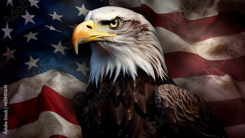 The eagle sits proudly next to the unfurled American flag, representing the unwavering spirit of patriotism and love for the United States, Generative AI