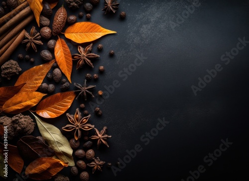 Fall leaves and spices on black background