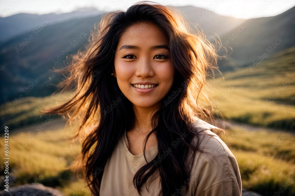 Asian woman hiking in beautiful weather and sunshine in the mountains, close up