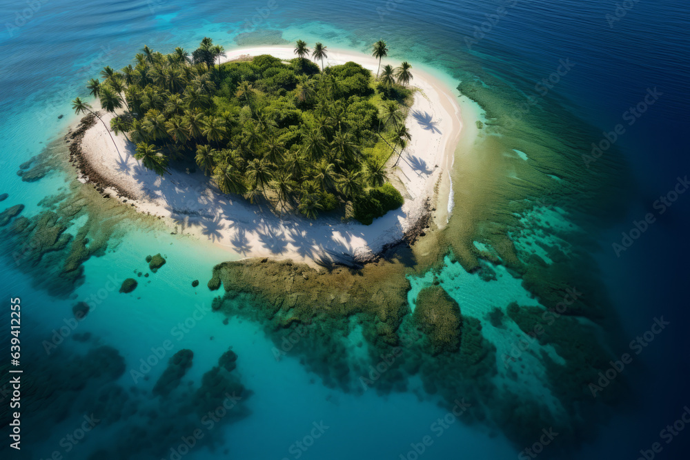 Aerial view of a small Caribbean island in turquoise water