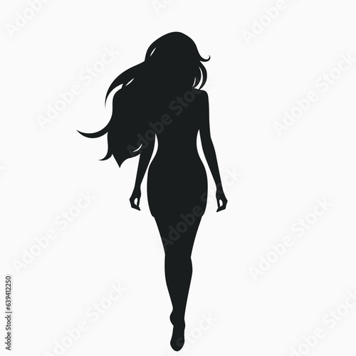 Young woman with long hair. Black silhouette. Vector illustration
