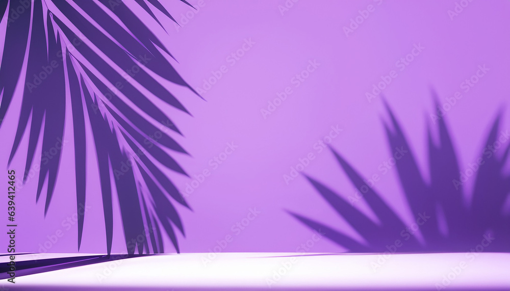 Naklejka premium Abstract studio purple background for product presentation. Empty room with shadows of window and flowers and palm leaves . 3d room with copy space. Summer concert. backdrop. beauty product placement.