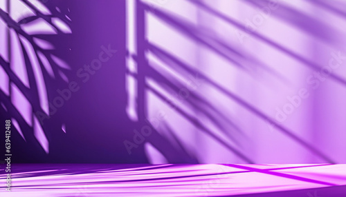 Abstract studio purple background for product presentation. Empty room with shadows of window and flowers and palm leaves . 3d room with copy space. Summer concert. backdrop. beauty product placement.