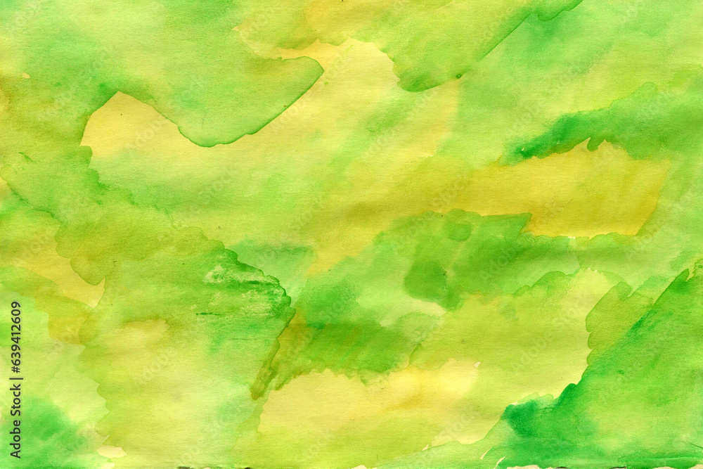 Watercolor green background with brush strokes, dots, spots