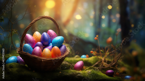 A basket filled with colored eggs on
