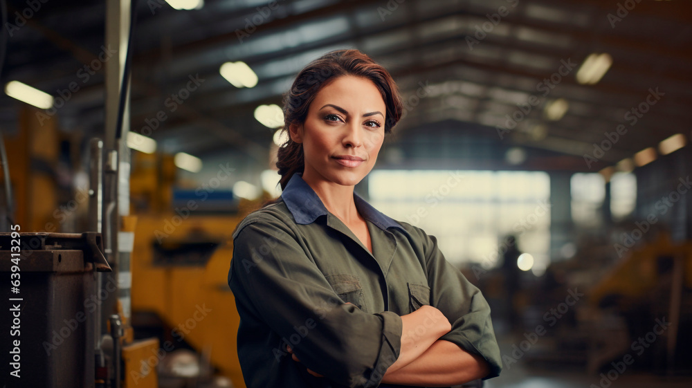 Captured in the frame is a self-assured Hispanic woman, arms folded, embodying confidence amidst the realm of industrial production. Generative AI Captured in the frame is a self-assured Hispanic woman, arms folded, embodying confidence amidst the realm of industrial production. Generative AI