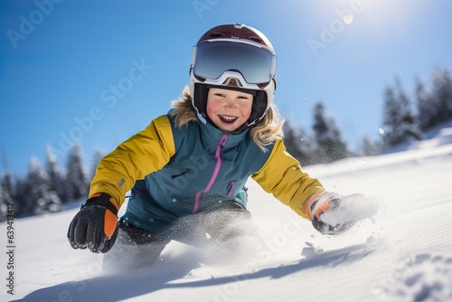 Kids have winter fun sport activities in snowy mountains