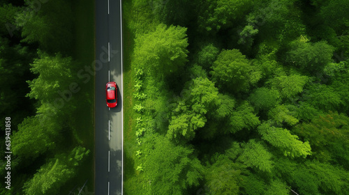 Aerial view of curved country road with car and green summer woods.