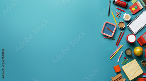 Bright  school supplies on chalkboard, flat lay with space for text, back to school concept