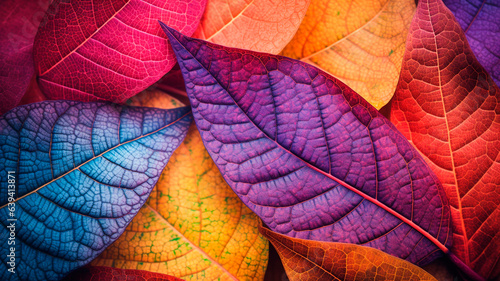 Detailed portrayal of autumn foliage up close  showcasing a myriad of multicolored leaves in their fall splendor. Generative AI