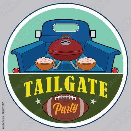 A tailgate party with a blue pickup truck.