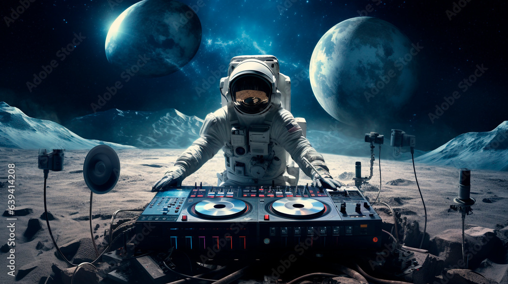 astronaut dj throws a party on another planet, dj console on the moon, Generative AI