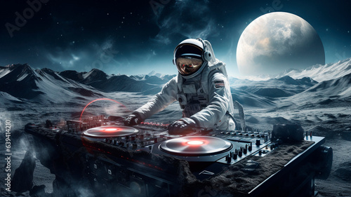 Photographie astronaut dj throws a party on another planet, dj console on the moon, Generativ