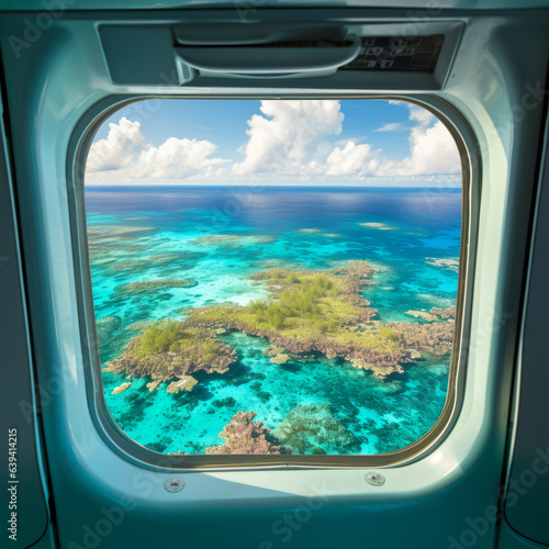 Tropical island with turquoise water aerial view through an aircraft window © Guido Amrein