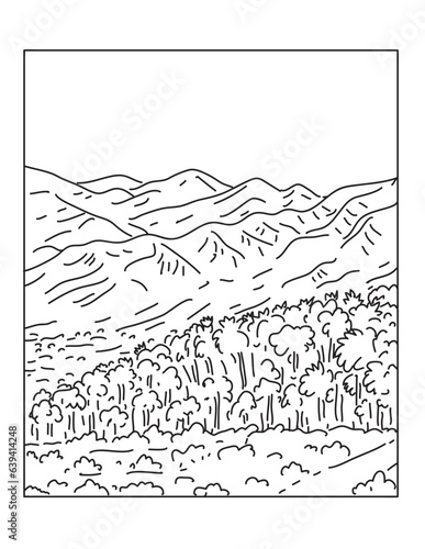 Mono line illustration of Sand to Snow National Monument located in San Bernardino County and northern Riverside County, Southern California done in monoline line art style.