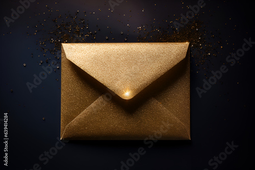 party, decoration and holidays concept - golden glitters and envelope on black background generative AI