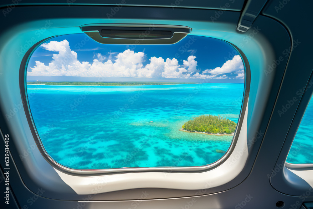 Naklejka premium Tropical island with turquoise water aerial view through an aircraft window