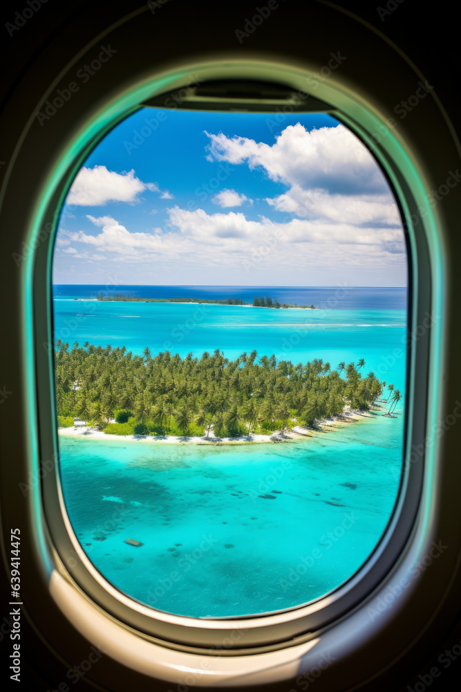 Fototapeta premium Tropical island with turquoise water aerial view through an aircraft window