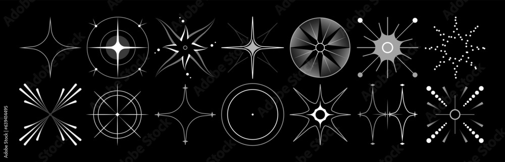 Set of stars and flares vector Y2k shapes. Astrological decorative vintage vector elements in art deco style. HUD Ui forms. Linear Victorian magic objects.
Set of stars and flares vector Y2k shapes. Astrological decorative vintage vector elements in art deco style. HUD Ui forms. Linear Victorian magic objects.