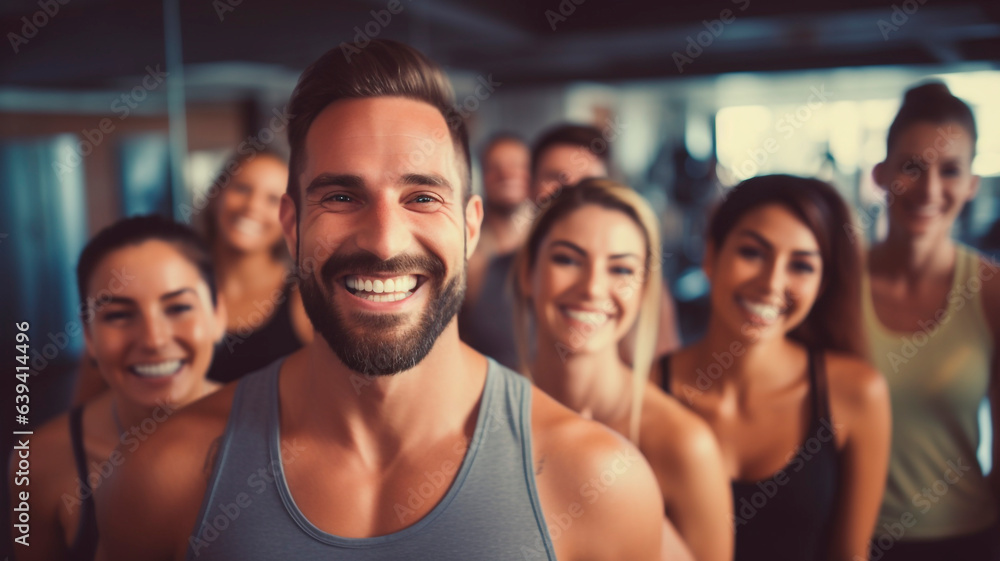 friendly and joyful fitness club team, illustration of positive attitude to clients. Generative AI