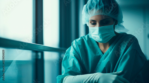 A female surgeon sits in a hospital corridor, distraught. wearing a surgical mask. Generative AI