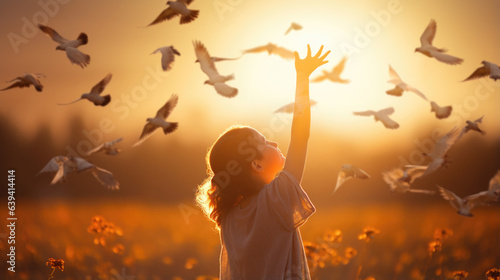 Girl Child with Hands Up During Sunset Enjoying Nature and Flying Birds